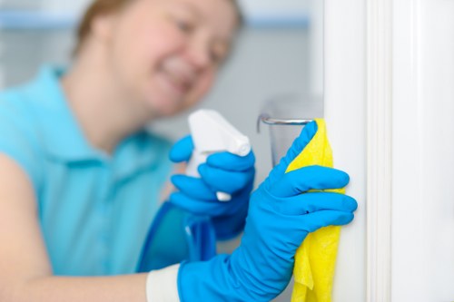 Technician cleaning fabric sofa upholstery in Docklands